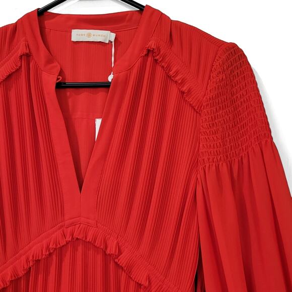 Tory Burch Stella Pleated Ruffle Chiffon Maxi Dress in Red Size 0 New With Tag - Picture 9 of 13